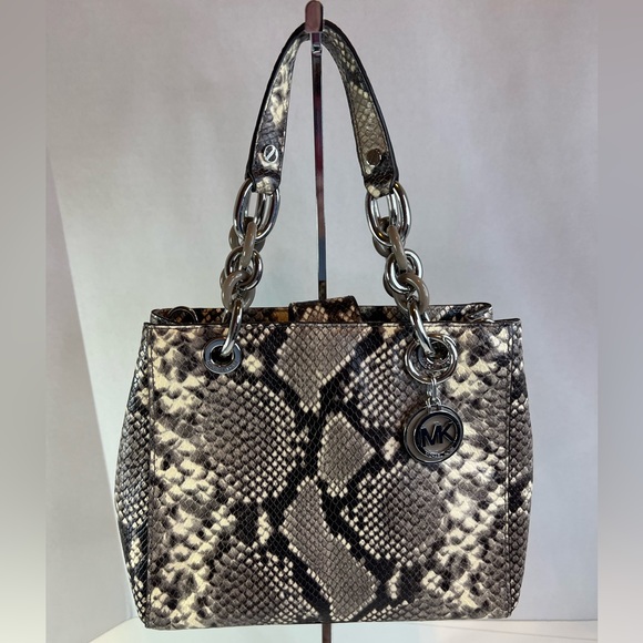 Michael Kors Steel Gray & Black Python Embossed Leather Small Cynthia Satchel - Picture 1 of 11